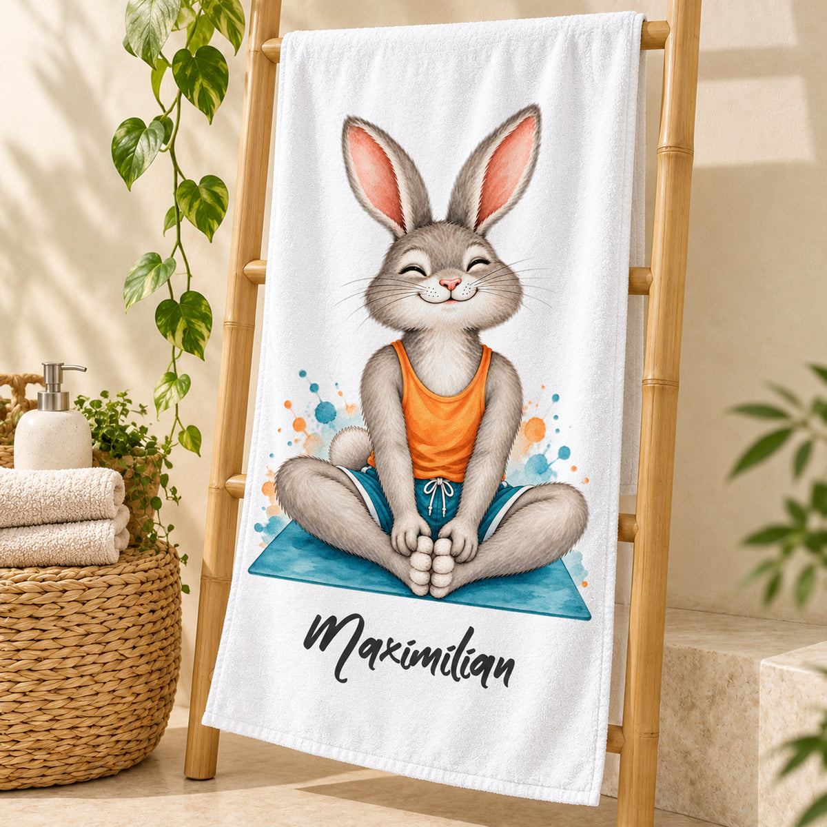 Personalisiertes Handtuch mit Yoga-Hase und Wunschname – Ansicht 3