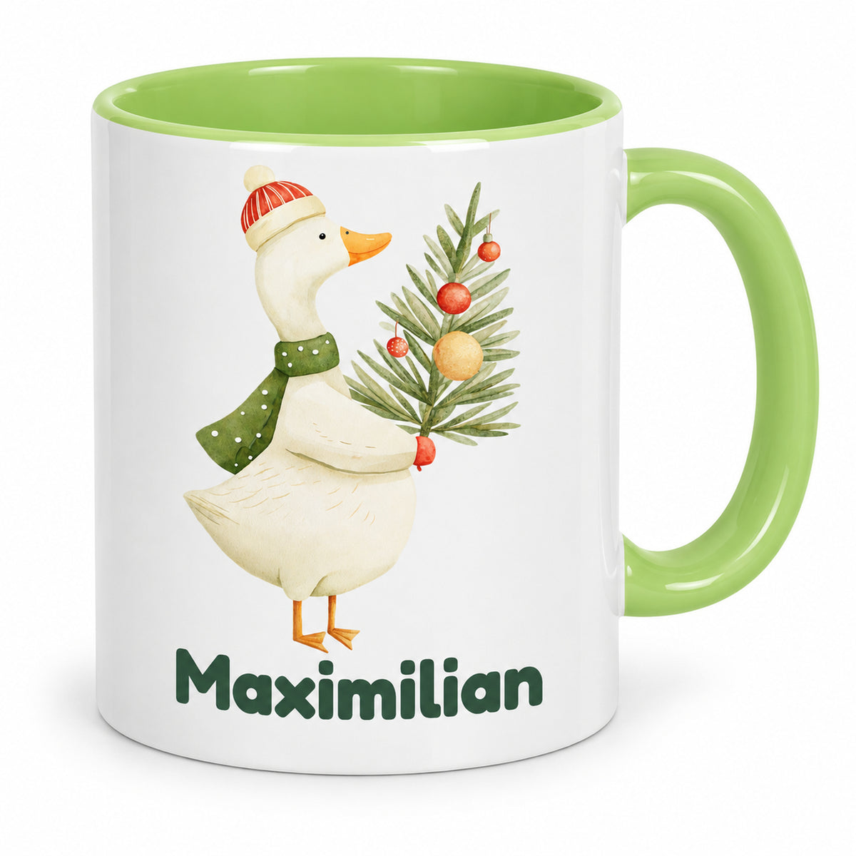 Hellgrüne Tasse mit Gans mit Tannenzweig und Beispielname Maximilian in der Vorderansicht