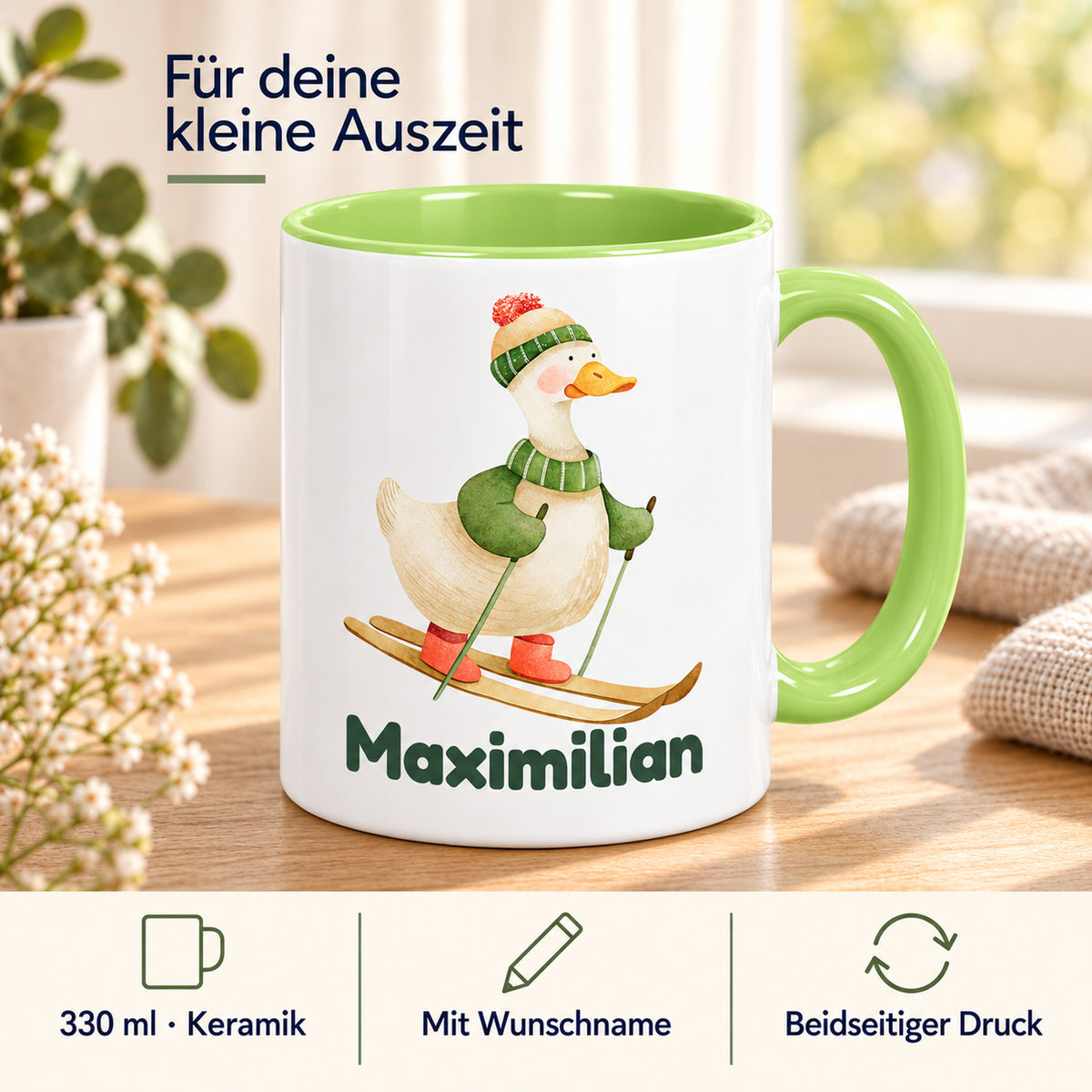 Produktdetails der hellgrünen Gänsetasse: Keramik und 330 ml