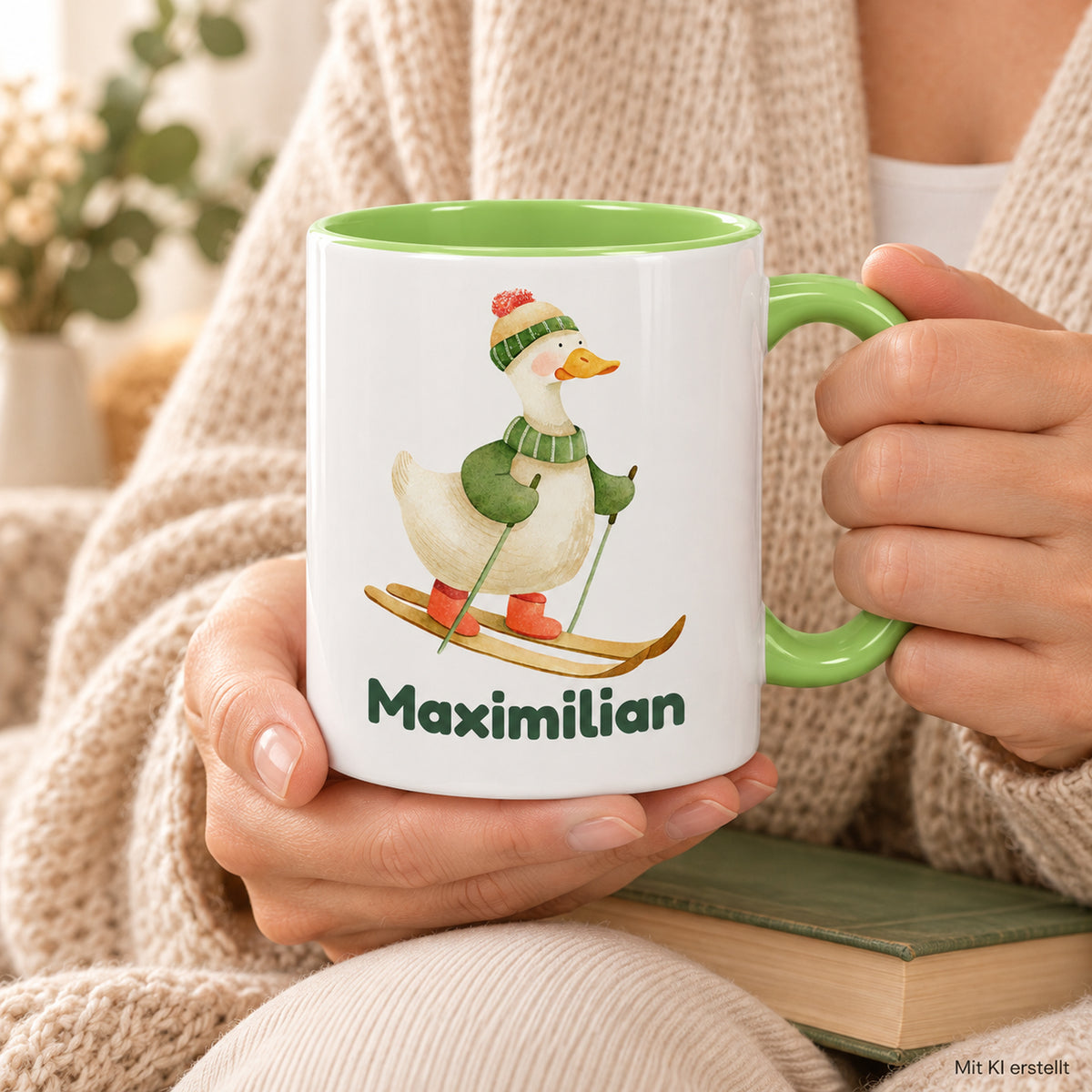 Hellgrüne Tasse mit Gans auf Skiern und Maximilian in einer Nutzungsszene