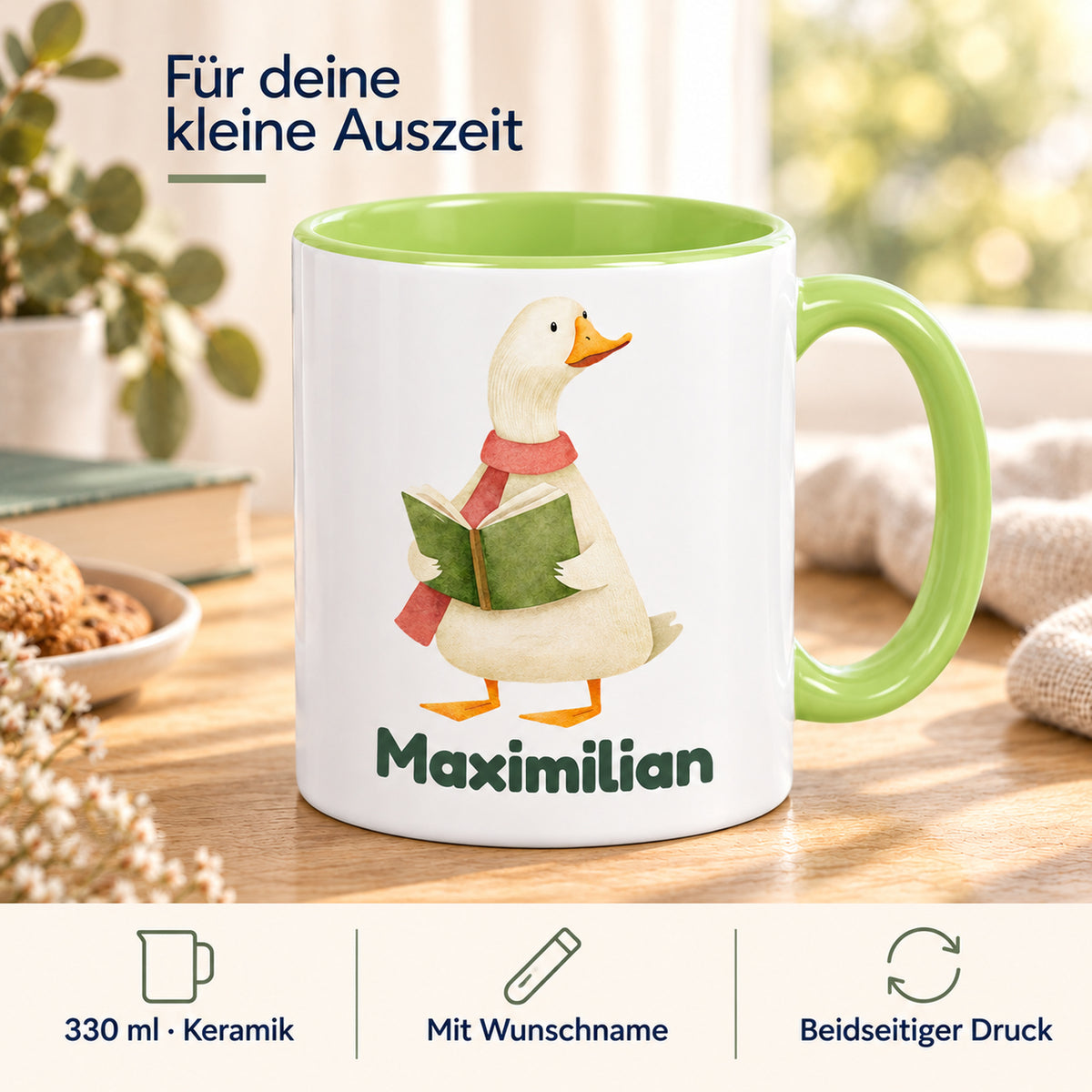 Produktdetails der hellgrünen Gänsetasse: Keramik und 330 ml