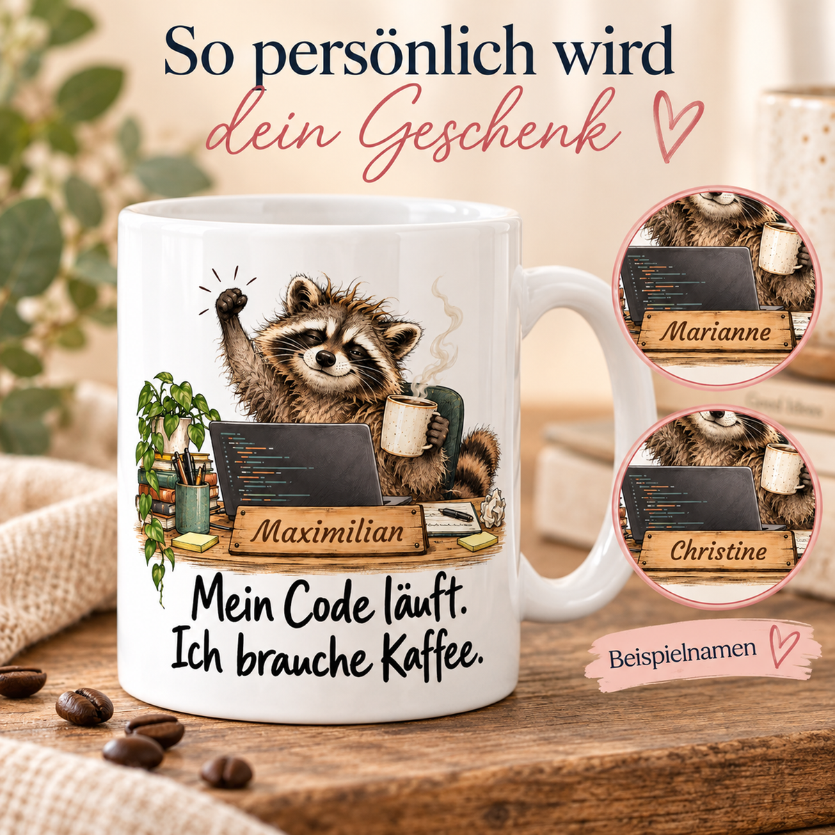 Programmierung: weiße Tasse mit Waschbär-Berufsmotiv, Spruch und Beispielname Maximilian – Personalisierungsbeispiele