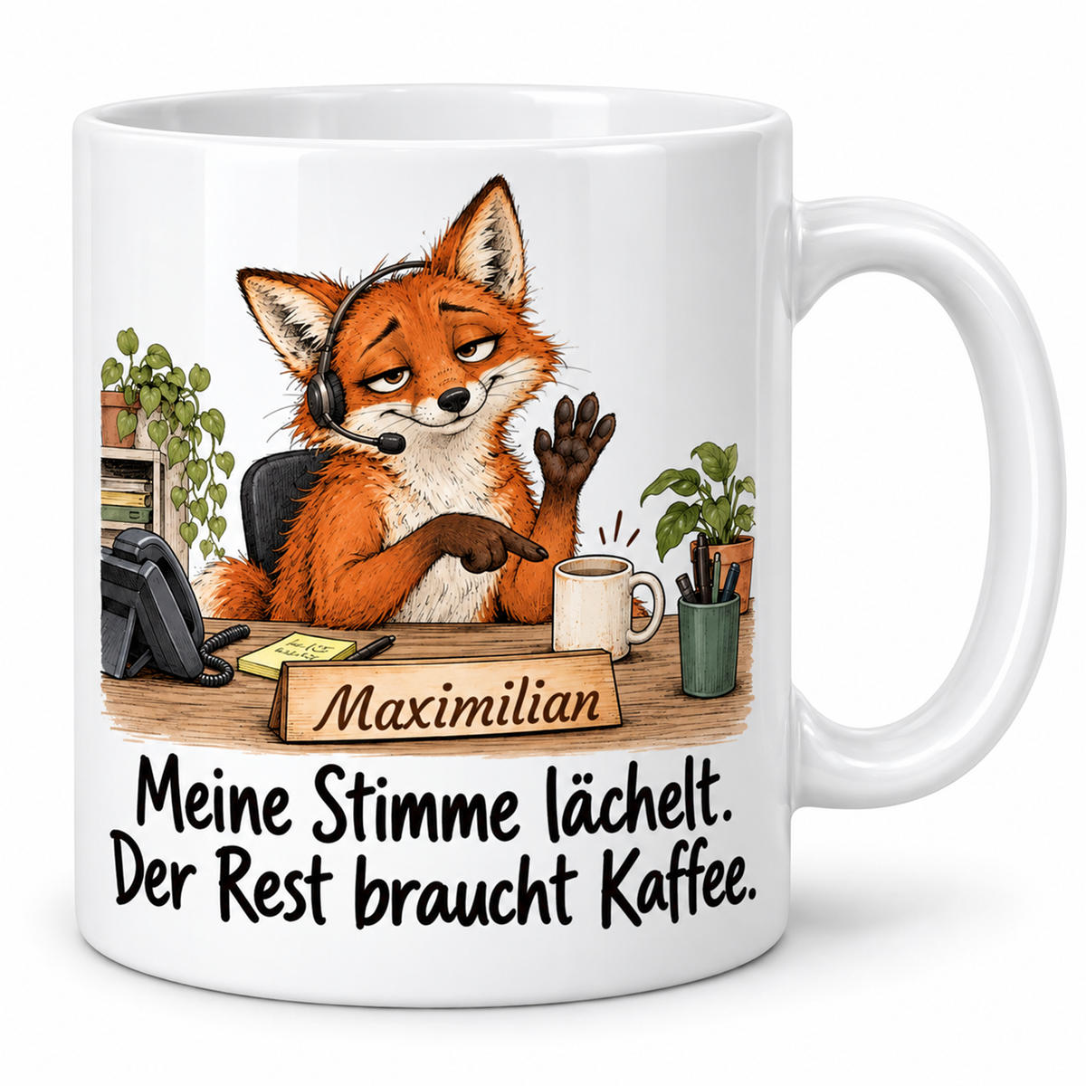 Kundenservice: weiße Tasse mit Fuchs-Berufsmotiv, Spruch und Beispielname Maximilian – Hauptansicht