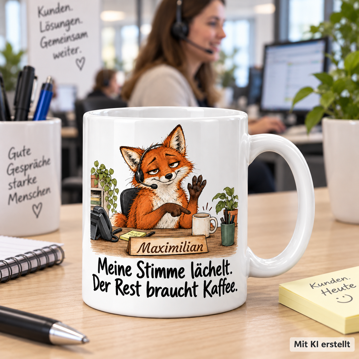 Personalisierte Telefonzentrale / Kundenservice-Tasse mit Tiermotiv und Wunschname auf einer Arbeitsfläche; passende Berufsszene mit arbeitender Person unscharf im Hintergrund. Mit KI erstellt.