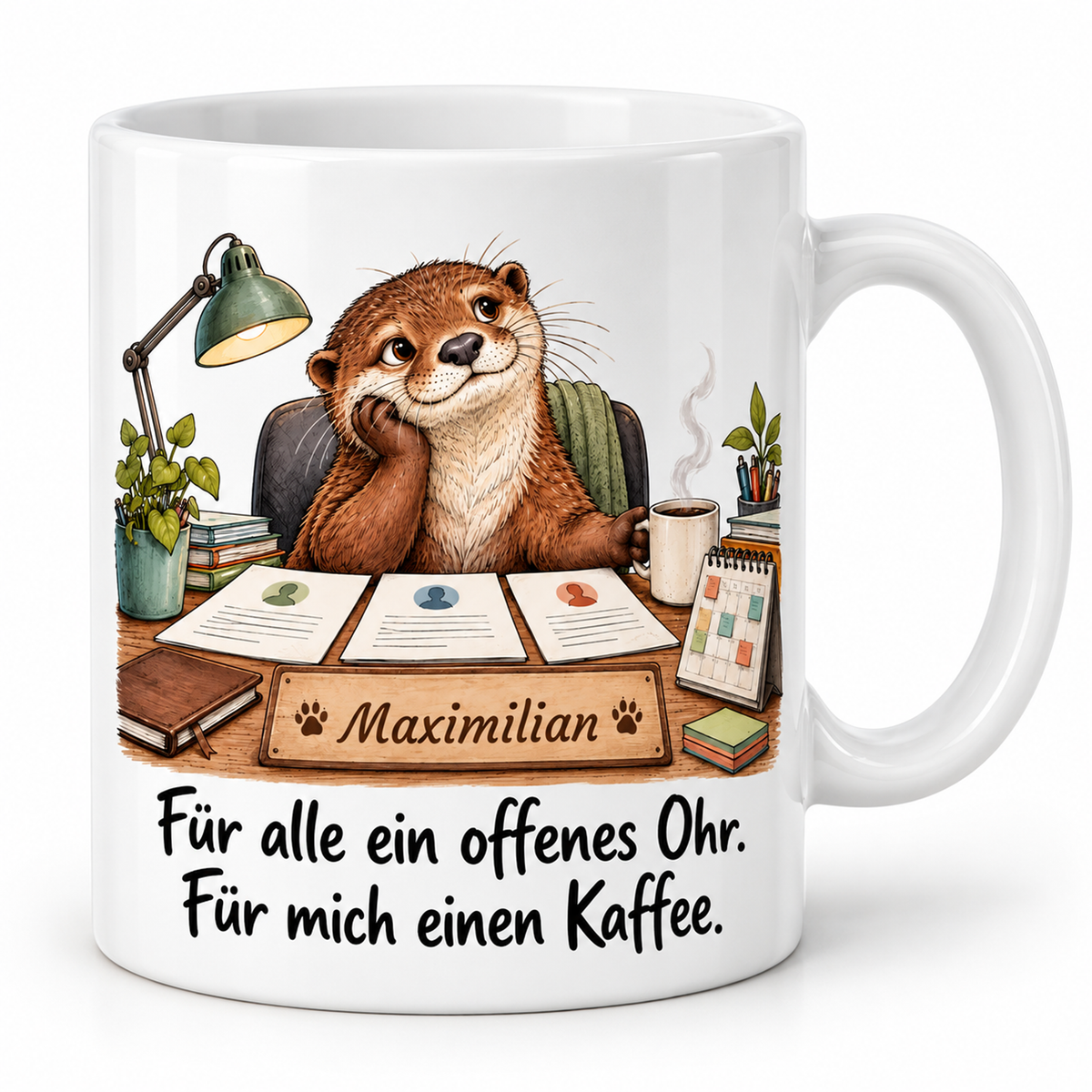 Personalwesen: weiße Tasse mit Otter-Berufsmotiv, Spruch und Beispielname Maximilian – Hauptansicht