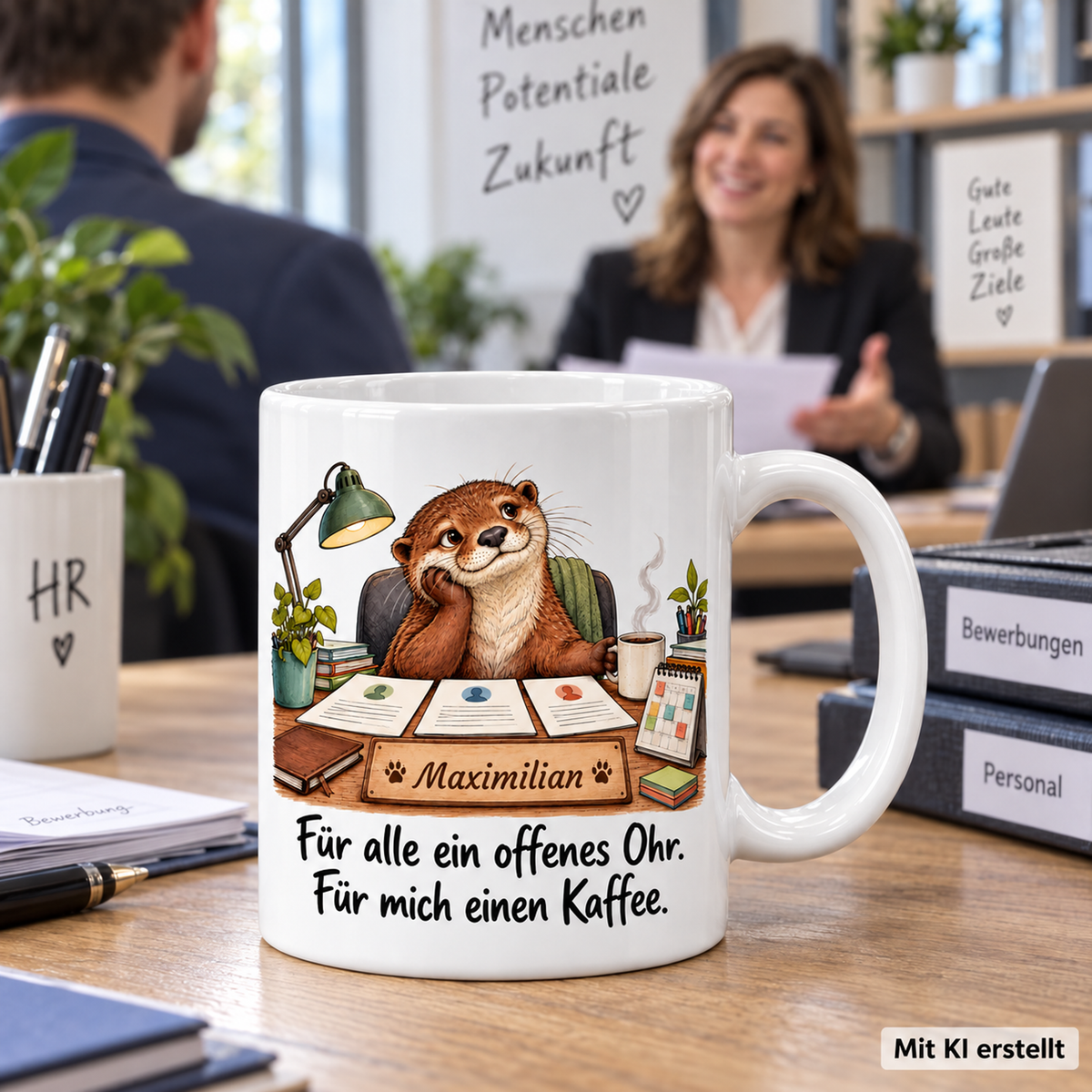 Personalisierte Personalwesen-Tasse mit Tiermotiv und Wunschname auf einer Arbeitsfläche; passende Berufsszene mit arbeitender Person unscharf im Hintergrund. Mit KI erstellt.