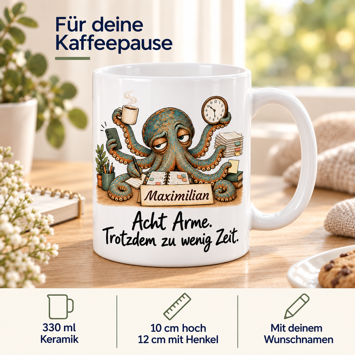 Projektmanagement: weiße Tasse mit Krake-Berufsmotiv, Spruch und Beispielname Maximilian – Eigenschaften