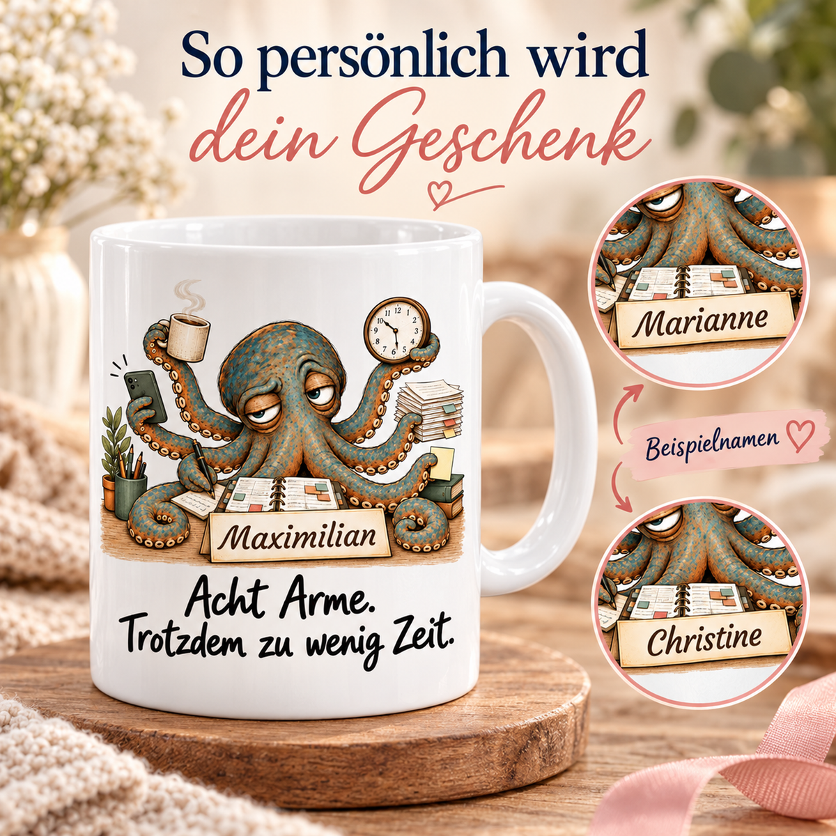 Projektmanagement: weiße Tasse mit Krake-Berufsmotiv, Spruch und Beispielname Maximilian – Personalisierungsbeispiele