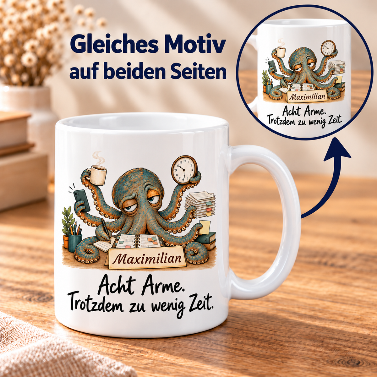 Projektmanagement: weiße Tasse mit Krake-Berufsmotiv, Spruch und Beispielname Maximilian – beidseitiger Druck