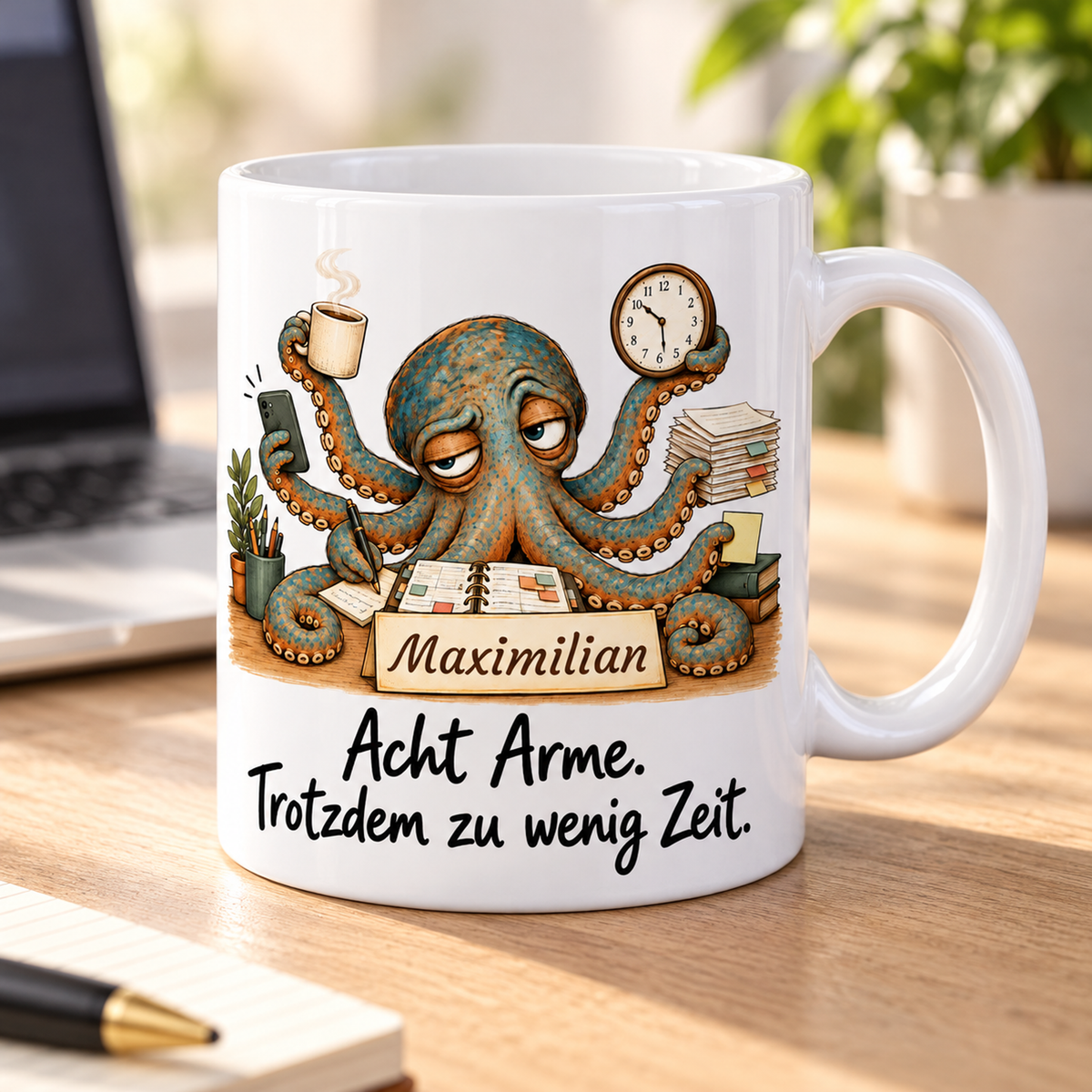 Projektmanagement: weiße Tasse mit Krake-Berufsmotiv, Spruch und Beispielname Maximilian – Alltagsszene