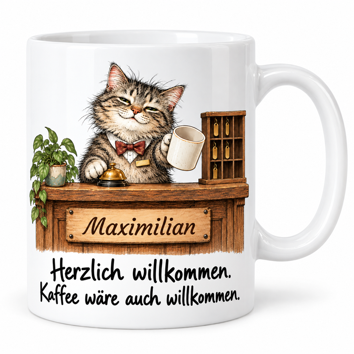 Empfang: weiße Tasse mit Katze-Berufsmotiv, Spruch und Beispielname Maximilian – Hauptansicht