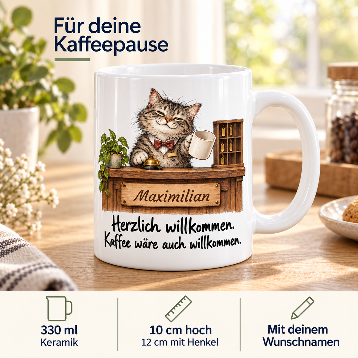 Empfang: weiße Tasse mit Katze-Berufsmotiv, Spruch und Beispielname Maximilian – Eigenschaften