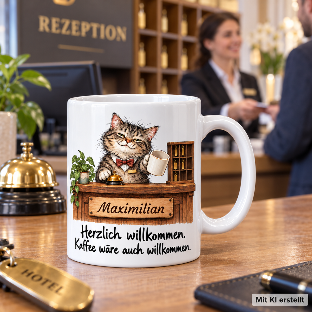 Personalisierte Empfang / Rezeption-Tasse mit Tiermotiv und Wunschname auf einer Arbeitsfläche; passende Berufsszene mit arbeitender Person unscharf im Hintergrund. Mit KI erstellt.