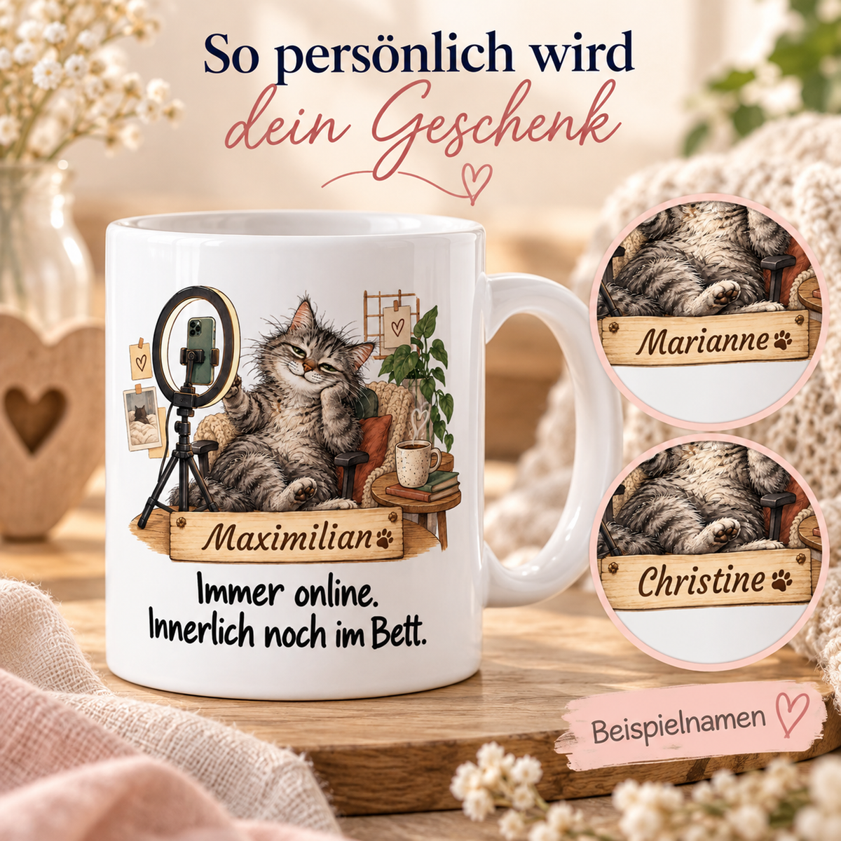 Social Media: weiße Tasse mit Katze-Berufsmotiv, Spruch und Beispielname Maximilian – Personalisierungsbeispiele