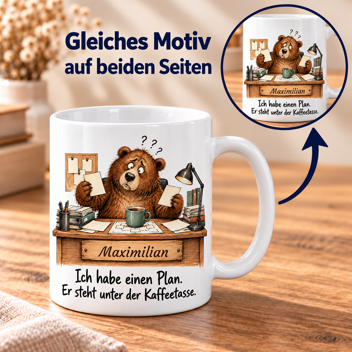 Teamleitung: weiße Tasse mit Bär-Berufsmotiv, Spruch und Beispielname Maximilian – beidseitiger Druck