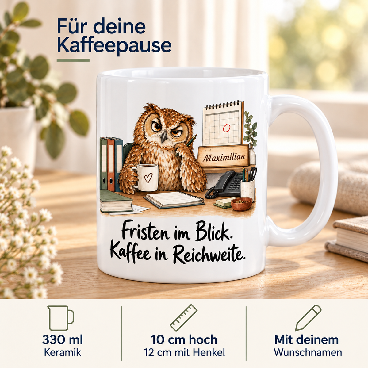 Rechtskanzlei: weiße Tasse mit Eule-Berufsmotiv, Spruch und Beispielname Maximilian – Eigenschaften