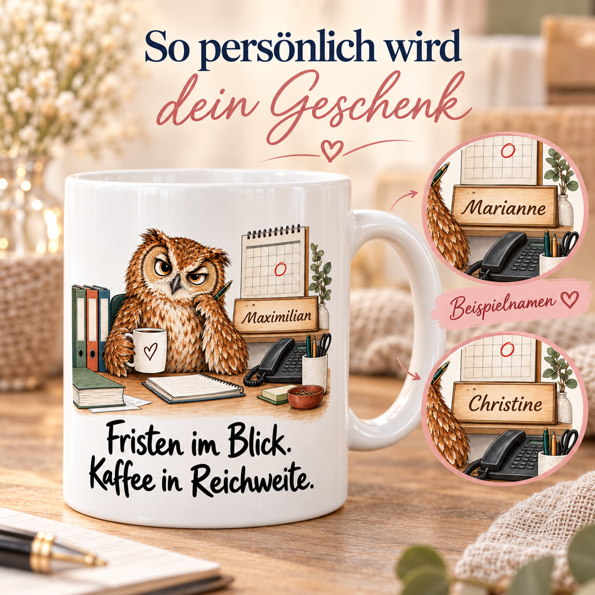 Rechtskanzlei: weiße Tasse mit Eule-Berufsmotiv, Spruch und Beispielname Maximilian – Personalisierungsbeispiele