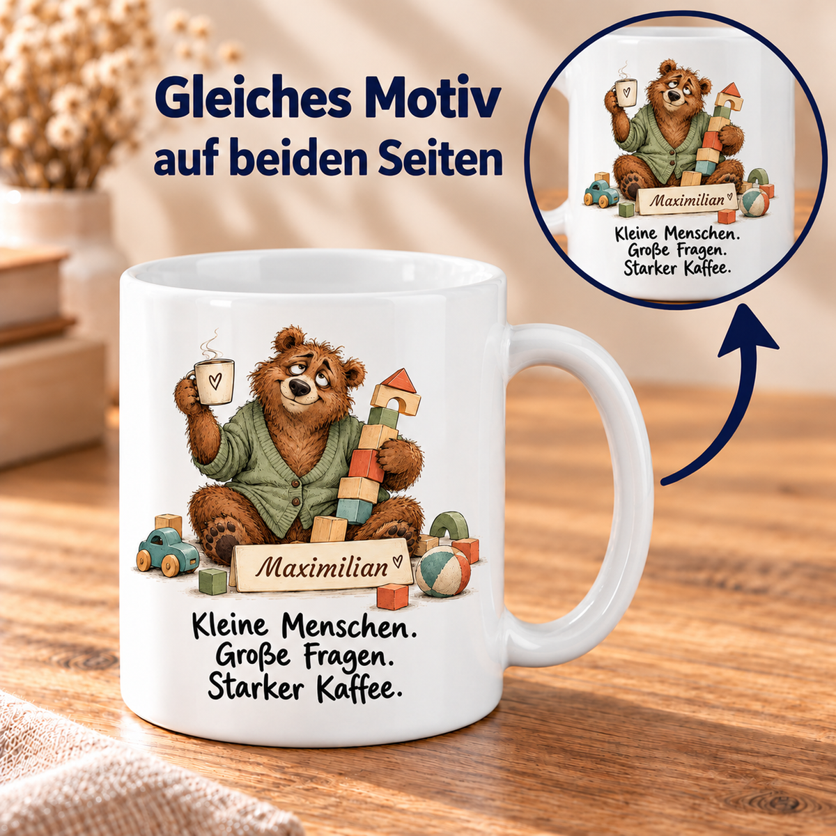 Kita: weiße Tasse mit Bär-Berufsmotiv, Spruch und Beispielname Maximilian – beidseitiger Druck