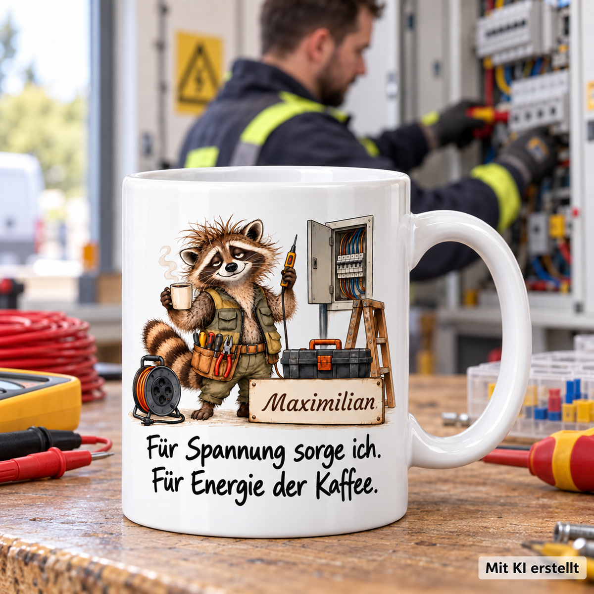 Personalisierte Elektrik-Tasse mit Tiermotiv und Wunschname auf einer Arbeitsfläche; passende Berufsszene mit arbeitender Person unscharf im Hintergrund. Mit KI erstellt.