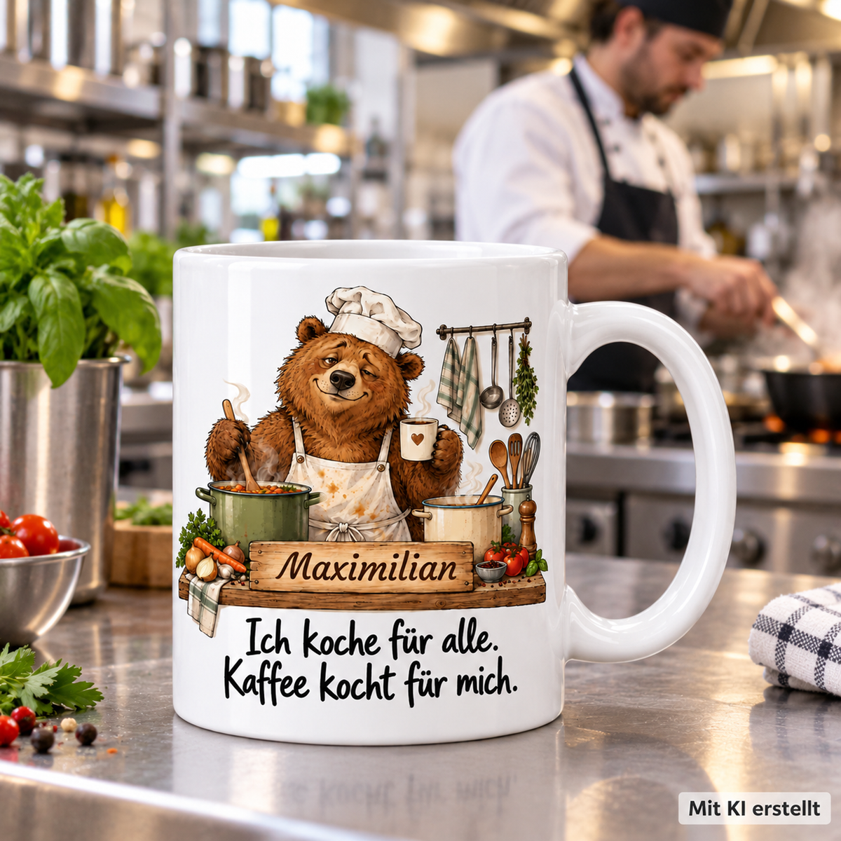 Personalisierte Küche / Kochberuf-Tasse mit Tiermotiv und Wunschname auf einer Arbeitsfläche; passende Berufsszene mit arbeitender Person unscharf im Hintergrund. Mit KI erstellt.