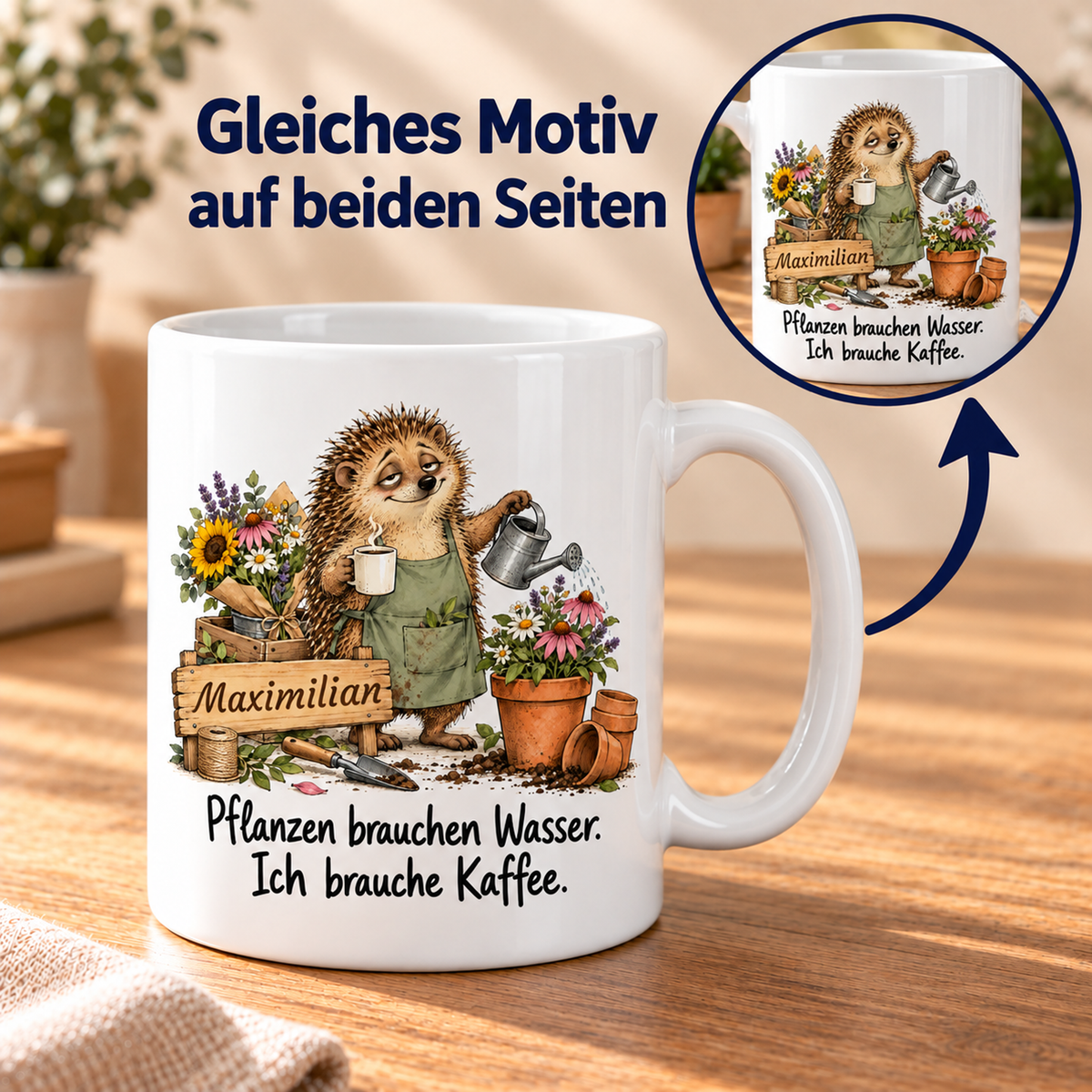 Gärtnerei: weiße Tasse mit Igel-Berufsmotiv, Spruch und Beispielname Maximilian – beidseitiger Druck