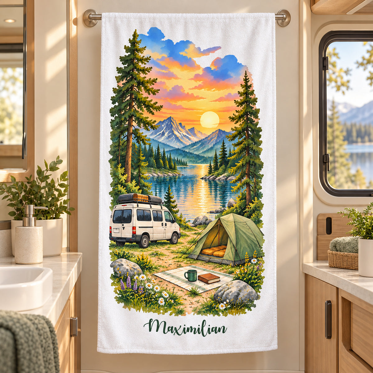 Camping-Handtuch Sonnenuntergang am Bergsee mit Wunschname – Ansicht 8