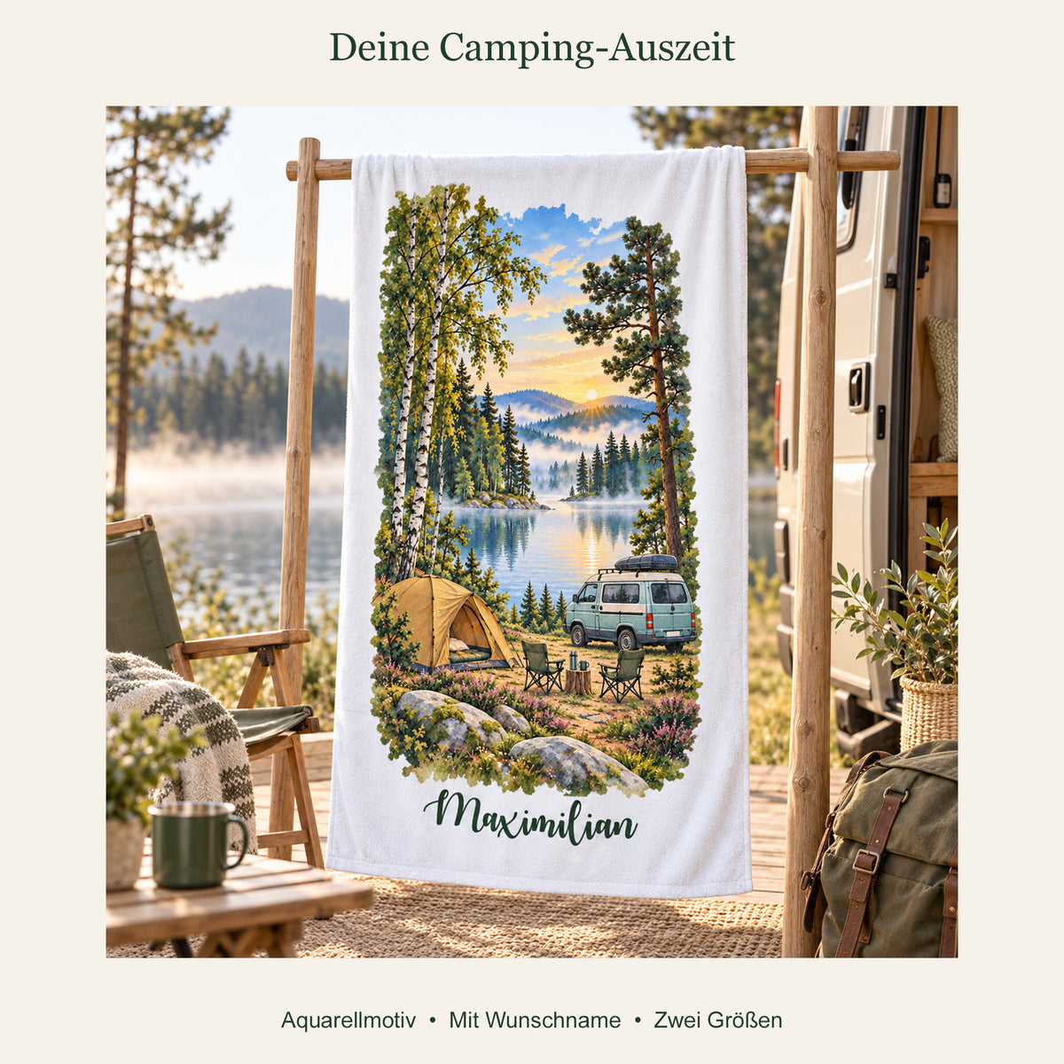 Camping-Handtuch Morgennebel am Waldsee mit Wunschname – Ansicht 4