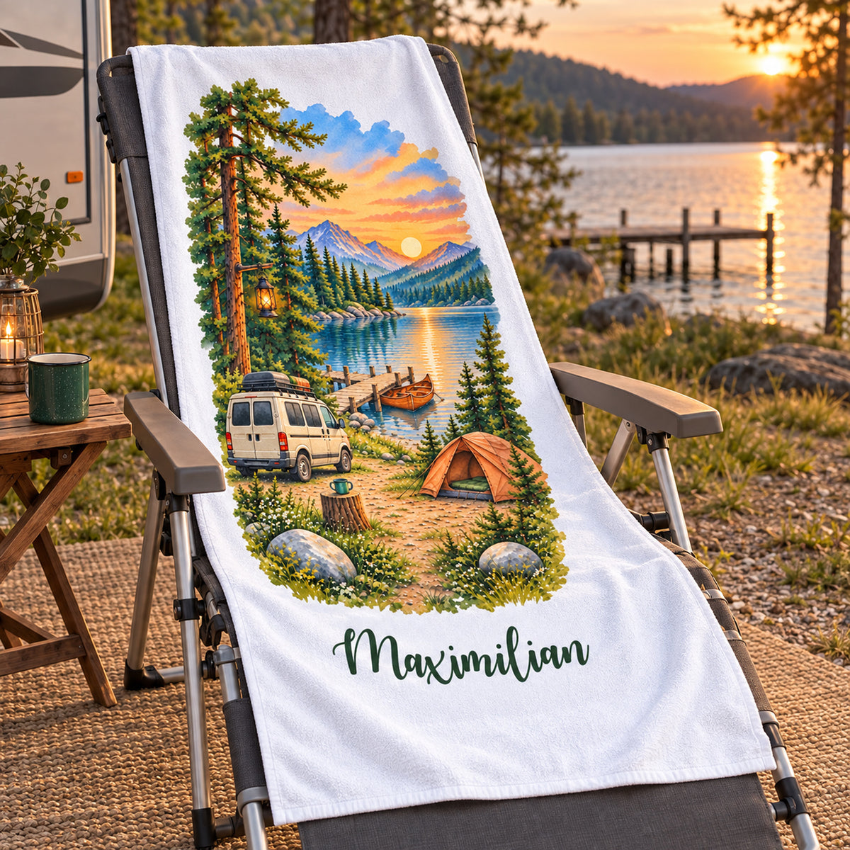 Camping-Handtuch Abendlicht am Steg mit Wunschname – Ansicht 2