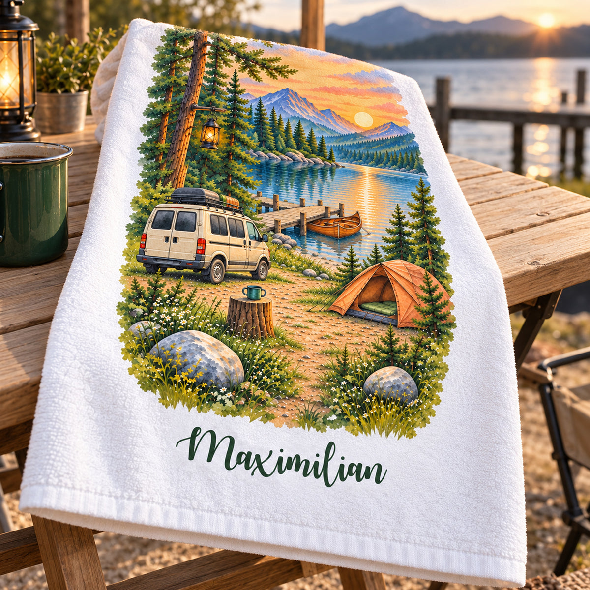 Camping-Handtuch Abendlicht am Steg mit Wunschname – Ansicht 3
