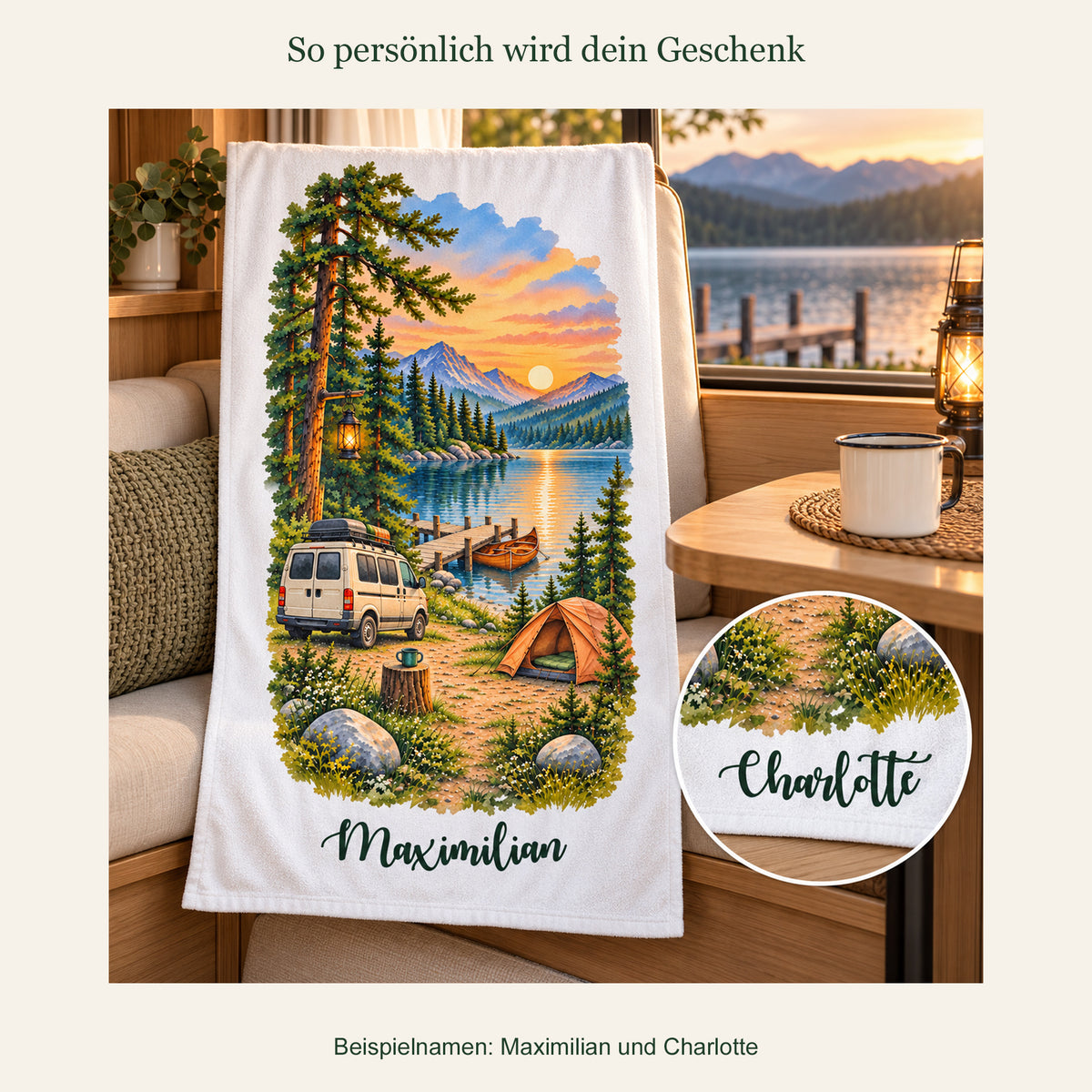 Camping-Handtuch Abendlicht am Steg mit Wunschname – Ansicht 5