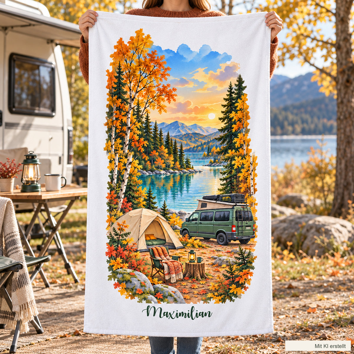 Camping-Handtuch Herbstliche Seebucht mit Wunschname – Ansicht 7