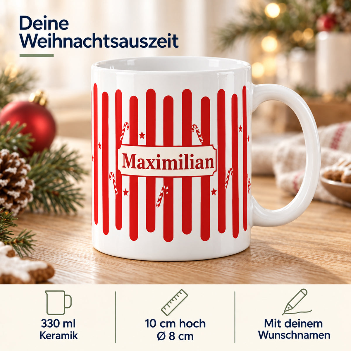 Weihnachtstasse Zuckerstange – Produktdetails mit Beispielname Maximilian