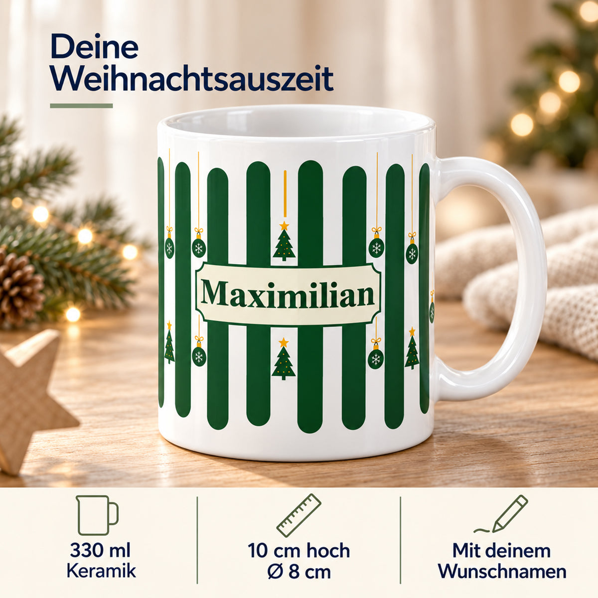 Weihnachtstasse Tannenwald – Produktdetails mit Beispielname Maximilian