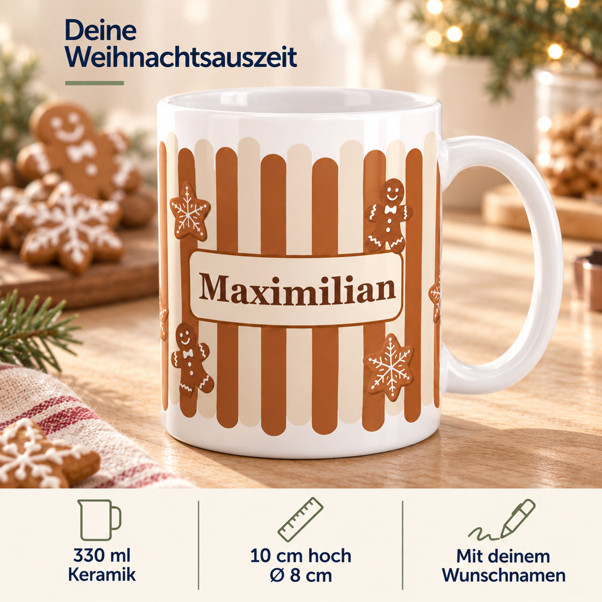 Weihnachtstasse Lebkuchen – Produktdetails mit Beispielname Maximilian