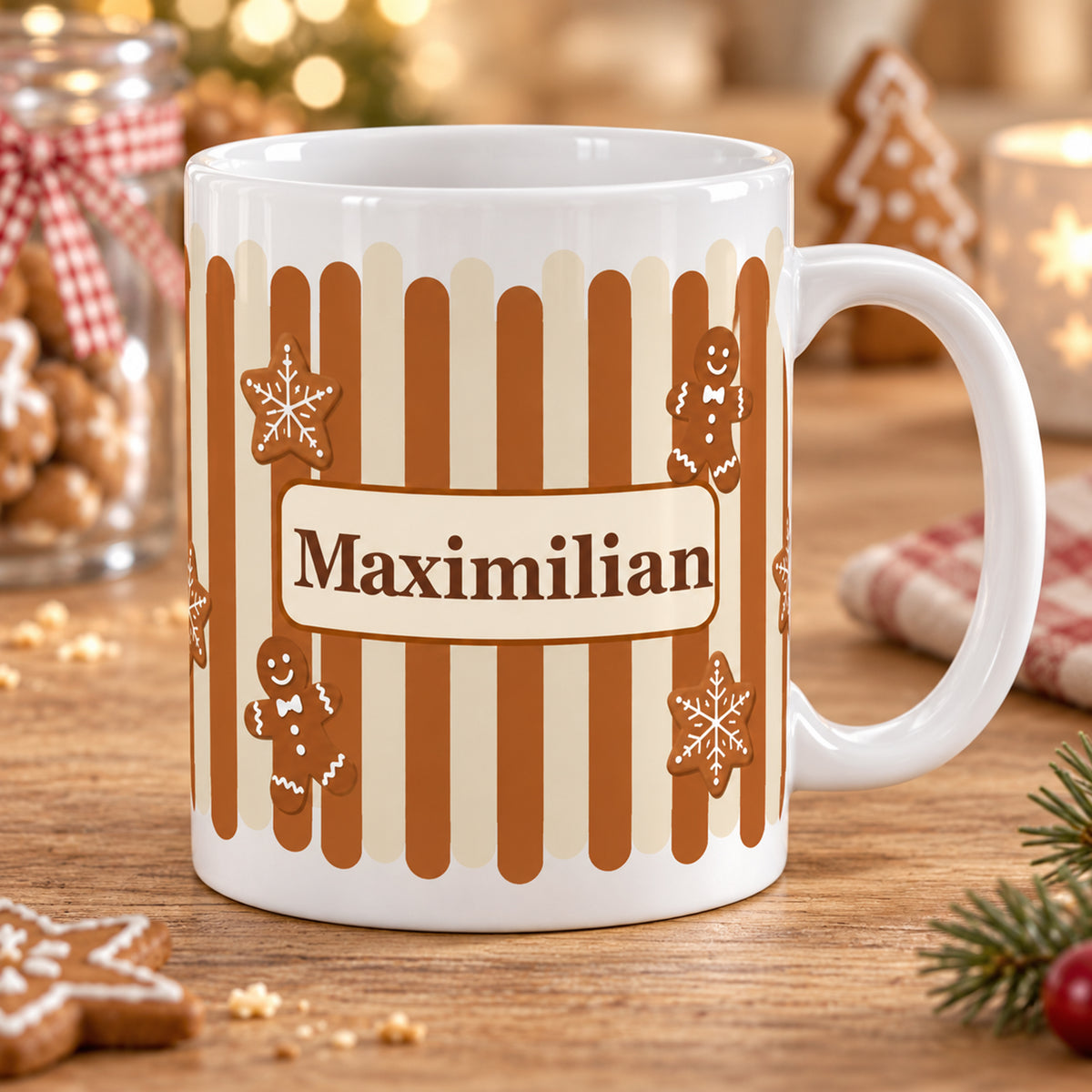 Weihnachtstasse Lebkuchen – Weihnachtliche Szene mit Beispielname Maximilian