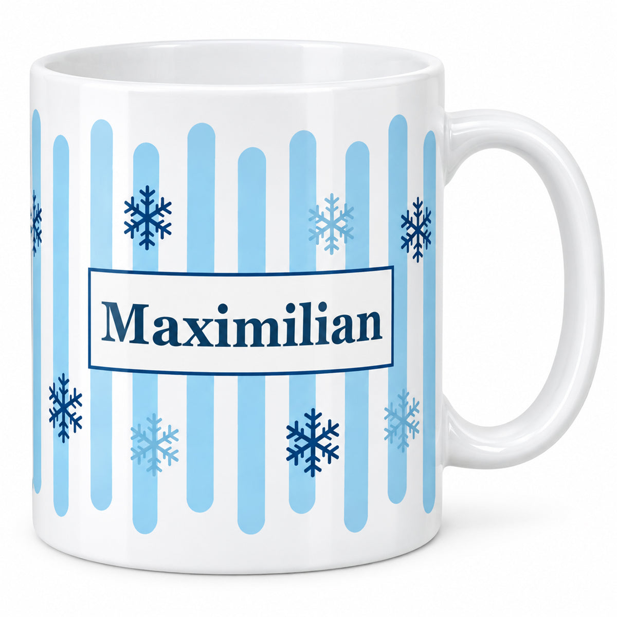 Weihnachtstasse Winterflocken – Hauptbild mit Beispielname Maximilian