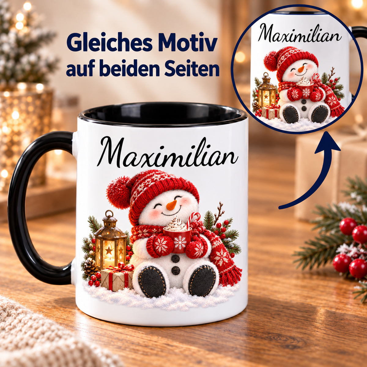 Gleiches Motiv auf beiden Seiten: Schneemann-Tasse Kakao-Auszeit, schwarzer Henkel, 330 ml, mit Beispielname Maximilian