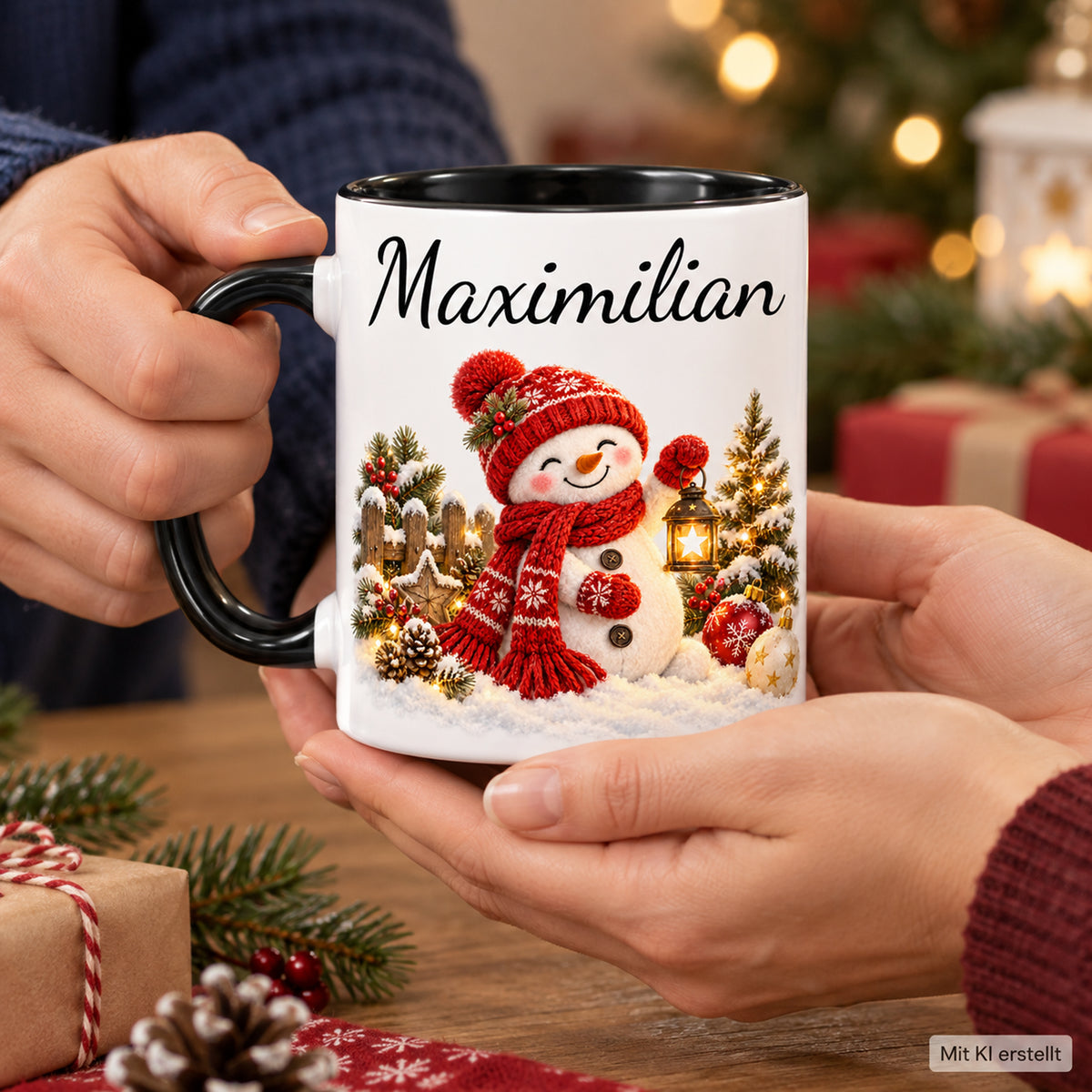 Nutzungsszene: Schneemann-Tasse Laternenzauber, schwarzer Henkel, 330 ml, mit Beispielname Maximilian