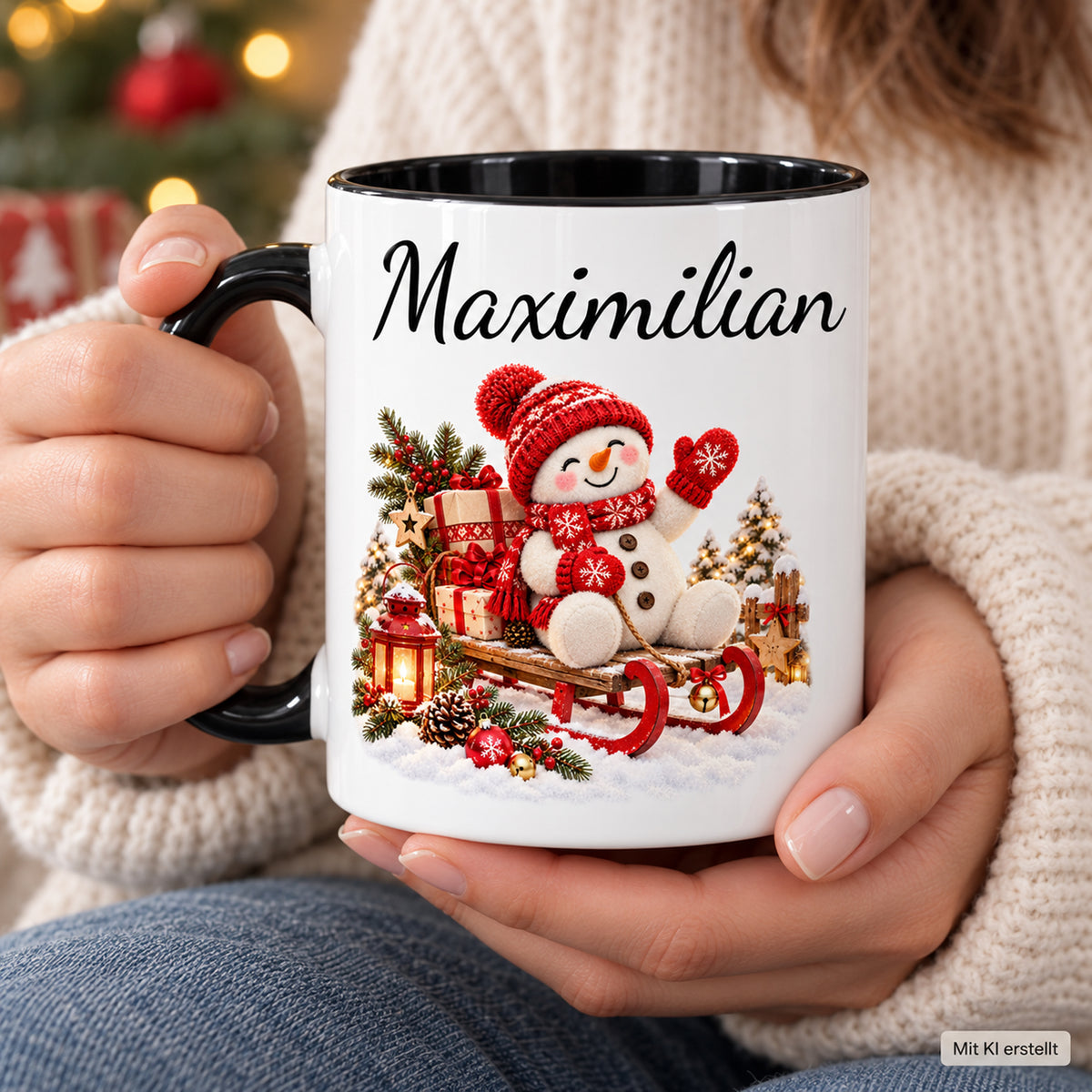 Nutzungsszene: Schneemann-Tasse Schlittenfahrt, schwarzer Henkel, 330 ml, mit Beispielname Maximilian