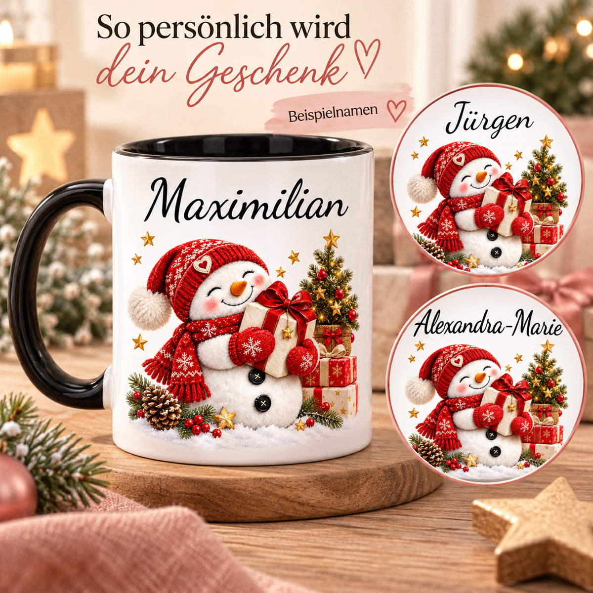 Personalisierung mit Beispielnamen: Schneemann-Tasse Geschenkfreude, schwarzer Henkel, 330 ml, mit Beispielname Maximilian