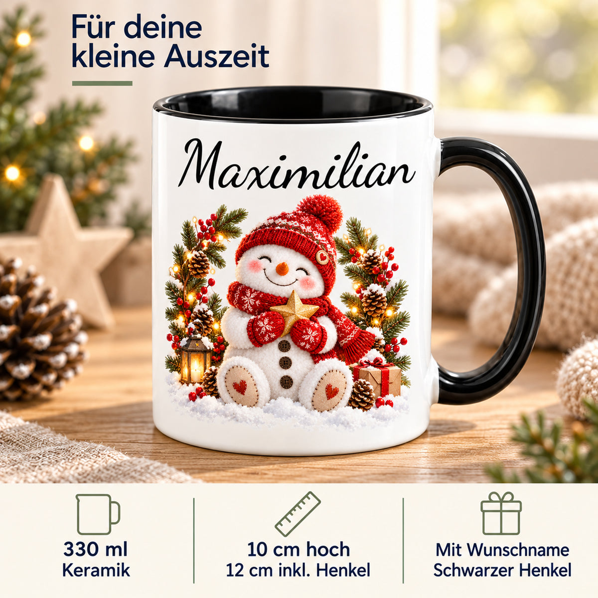 Produkteigenschaften: Schneemann-Tasse Winterkranz, schwarzer Henkel, 330 ml, mit Beispielname Maximilian