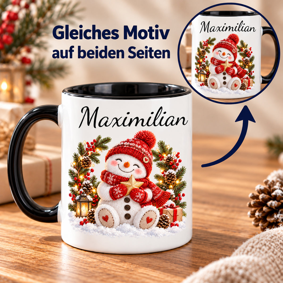 Gleiches Motiv auf beiden Seiten: Schneemann-Tasse Winterkranz, schwarzer Henkel, 330 ml, mit Beispielname Maximilian