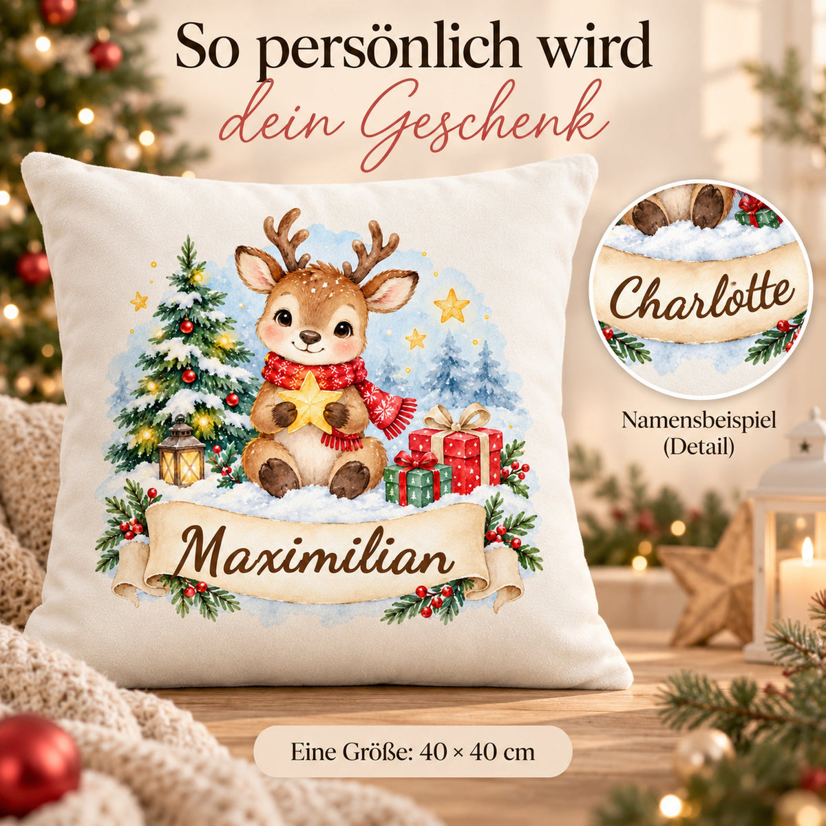 Weihnachts-Kissenbezug Rentier mit Wunschname – Namensdetail