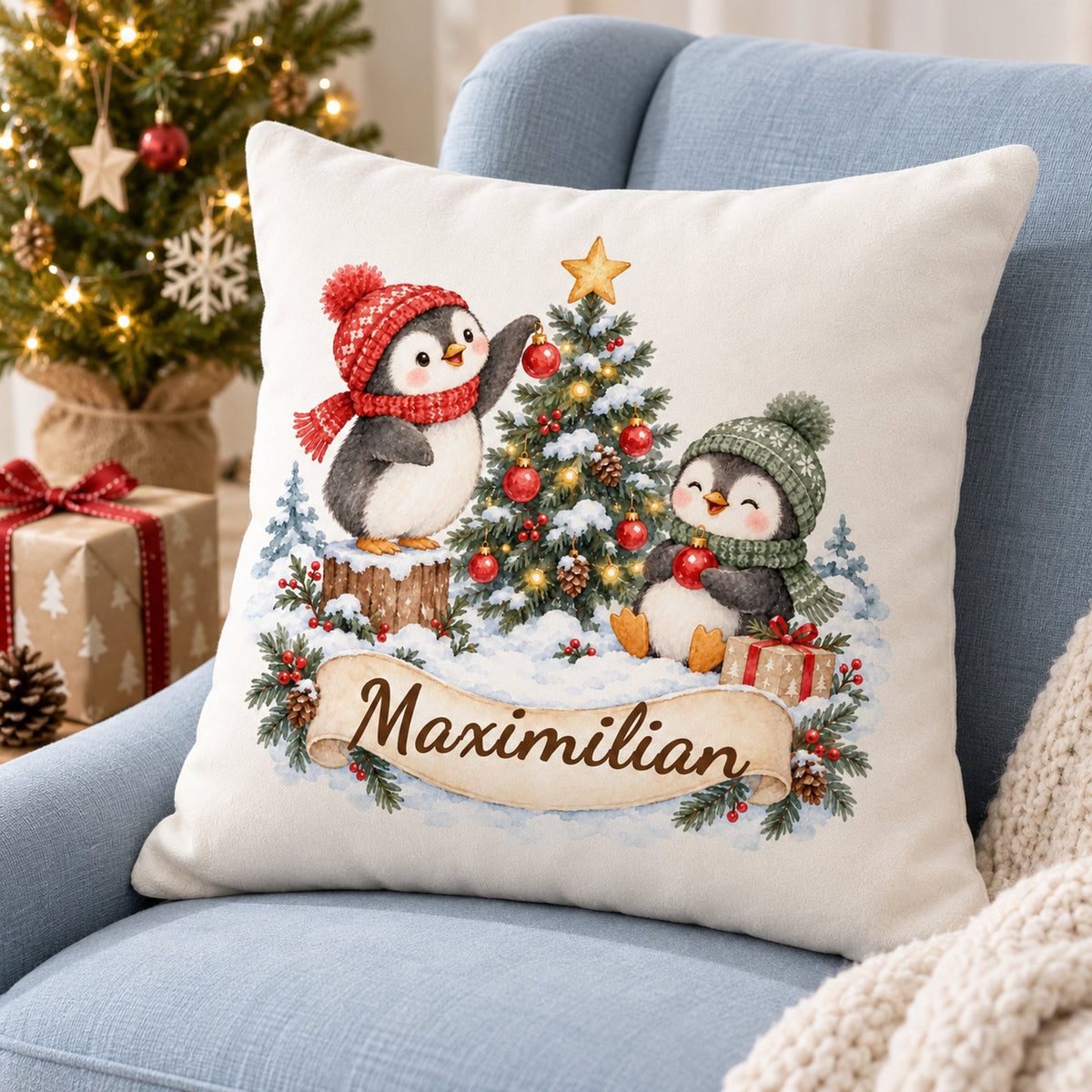 Weihnachts-Kissenbezug Pinguine mit Wunschname – Schrägansicht