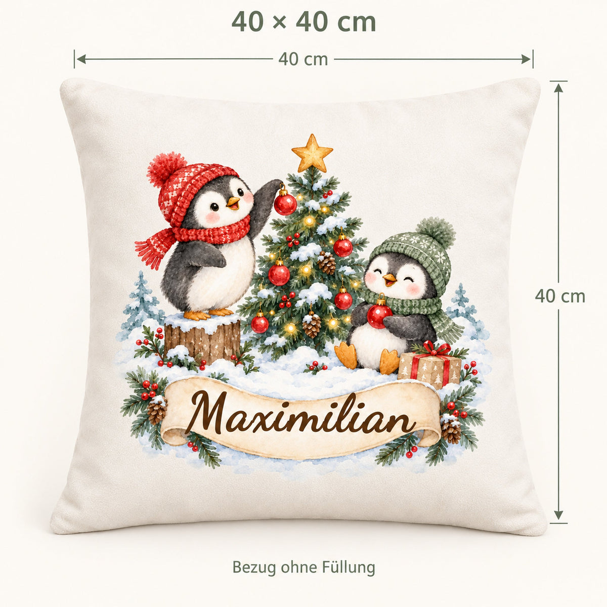 Weihnachts-Kissenbezug Pinguine mit Wunschname – Größe
