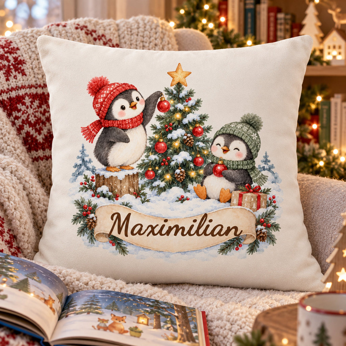 Weihnachts-Kissenbezug Pinguine mit Wunschname – Geschenkansicht