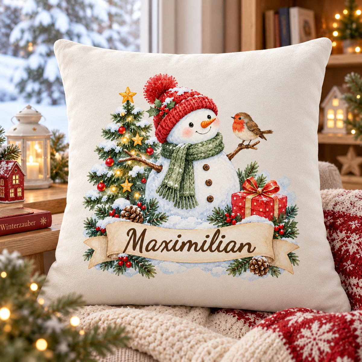 Weihnachts-Kissenbezug Schneemann mit Wunschname – Geschenkansicht