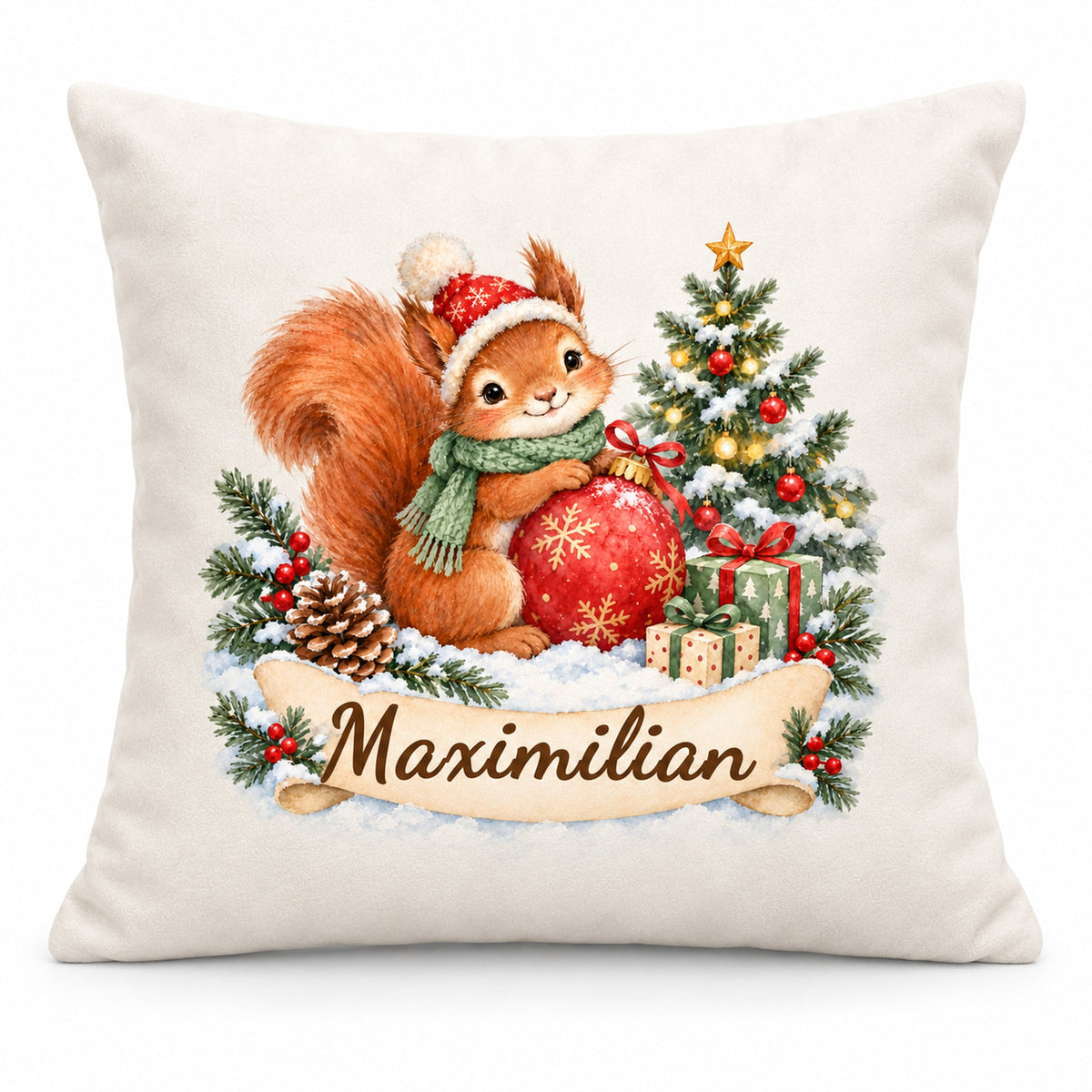 Weihnachts-Kissenbezug Eichhörnchen mit Wunschname – Hauptbild