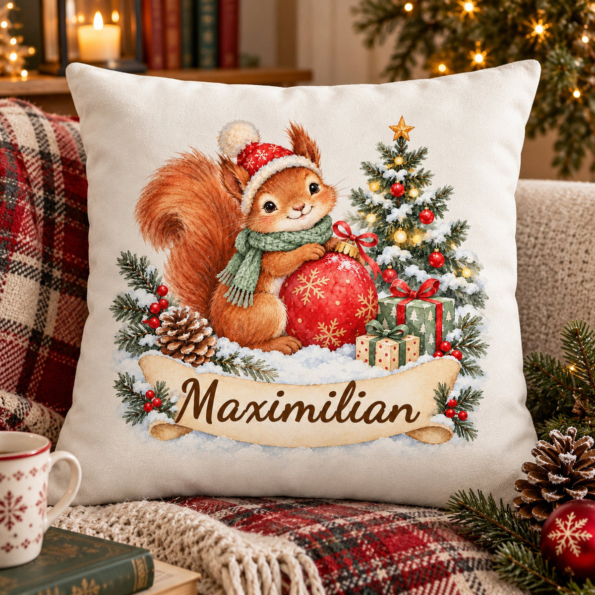 Weihnachts-Kissenbezug Eichhörnchen mit Wunschname – Wohnszene