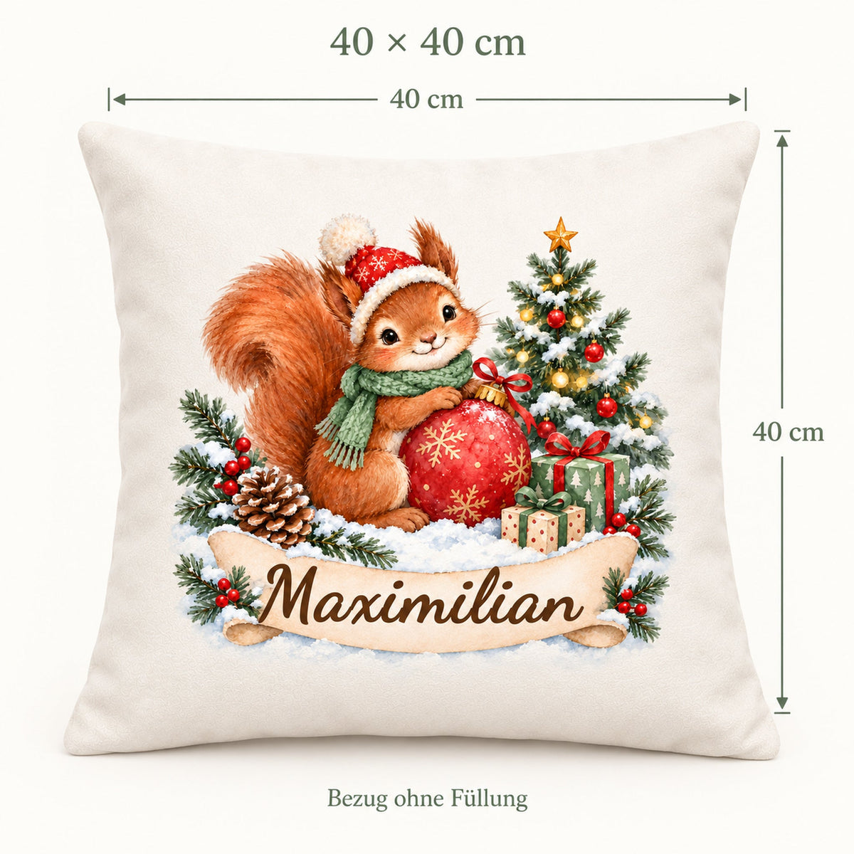 Weihnachts-Kissenbezug Eichhörnchen mit Wunschname – Größe